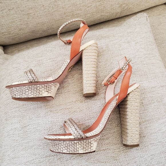 🌠 ELIE TAHARI 🌠 Snakeskin Leather Straw Platform Heels Sandals - [Size 6.5] - Picture 5 of 13